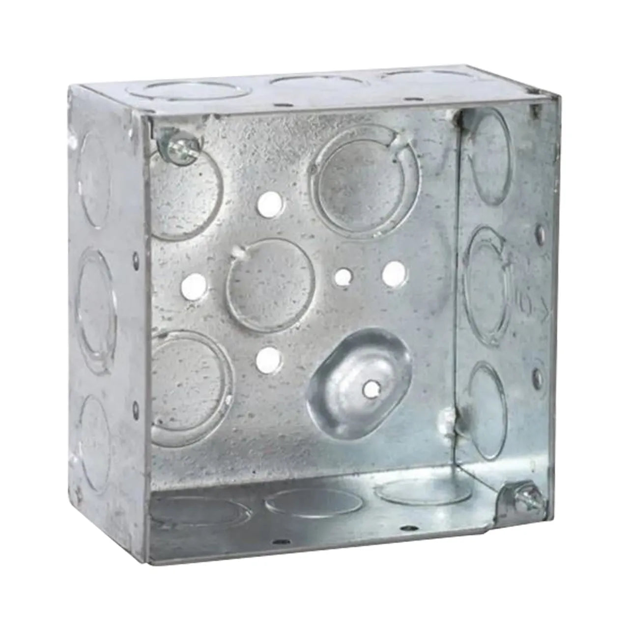 The Go Build 4 in. Raised Ground Welded Square Electrical Box features a durable galvanized steel design with multiple side and back knockouts and holes, ideal for securely housing wiring connections in electrical installations.